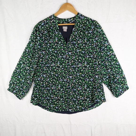 Chico's Sheer Ditsy Floral Career Wear Blouse 2 / Large Navy Blue Green - Picture 14 of 14